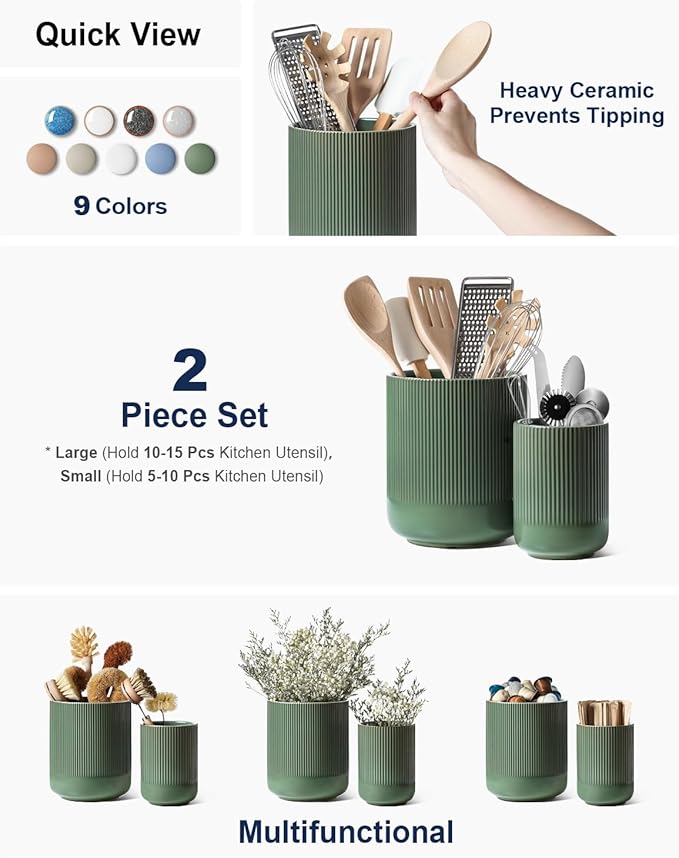 LE TAUCI Utensil Holder, 7.3"+5.4" Ceramic Kitchen Utensil Holder for Countertop, Large Cooking Utensil Crocks for Kitchen Counter, Morden Utensil Organizer for Spatula, Set of 2, Forest Green