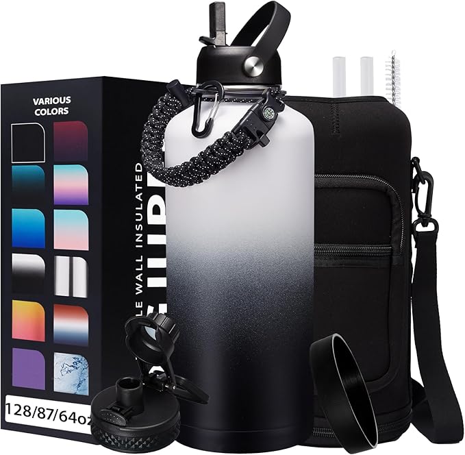 2/3 Gallon Water-Bottle with Straw & Spout Lids - 87oz Insulated Water Bottle Cold-48h Hot-24h, Men Women Stainless Steel Water Jug Travel Mug w/Strap Carrier Bag, Paracord Handle, Protective Boot