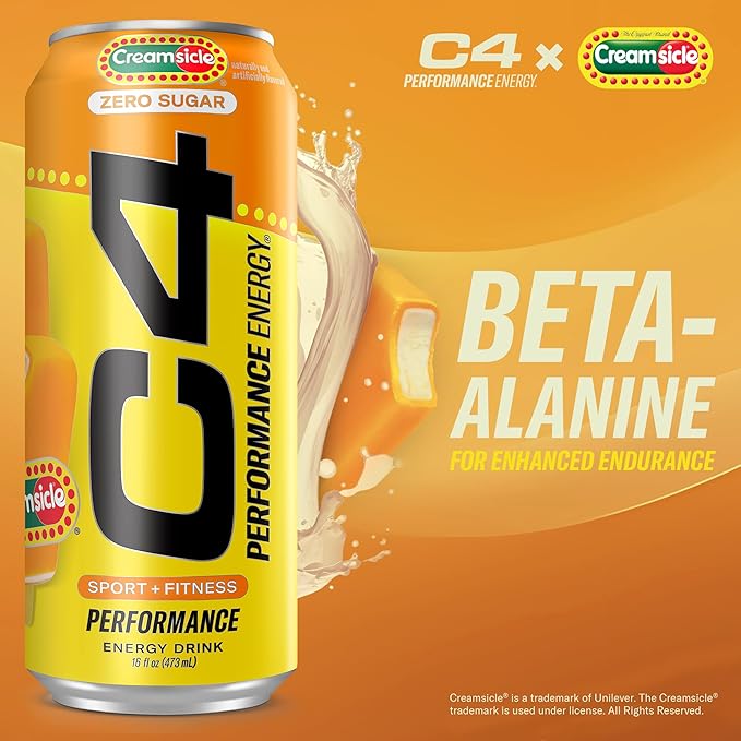 Cellucor C4 Performance Energy Drink | Zero Sugar Carbonated Preworkout Energy | 200mg Caffeine with Beta Alanine | Orange Creamsicle | 16 Fl Oz (24 Pack)