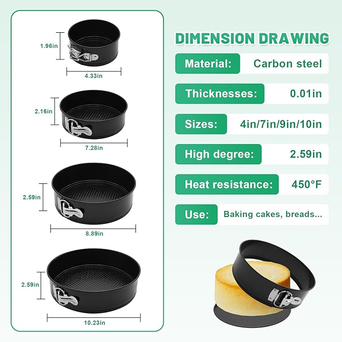 Springform Cake Pan Set,Non-Stick Springform Pans Set of 4 (4, 7, 9,10inches),Leak-Proof Round Cake Pans with Removable Bottom for Baking Cake Pie Pizza and Quiches (Black4)