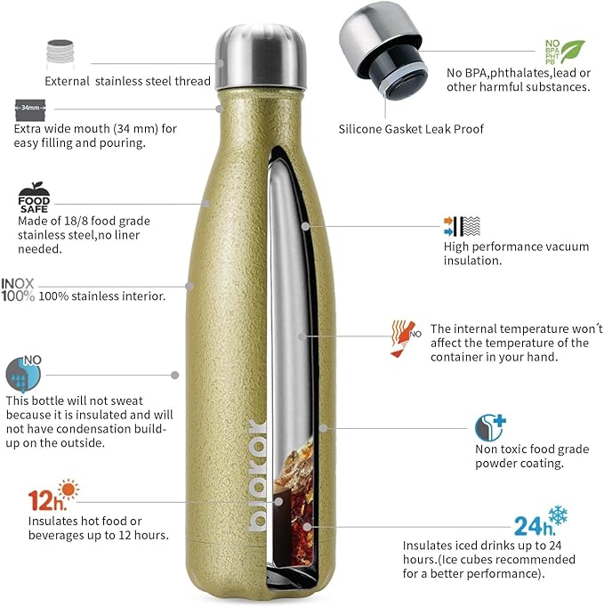 BJPKPK Insulated Water Bottles 17oz,Leak Proof Stainless Steel Water Bottle Keeps Cold for 24 Hours and Hot for 12 Hours, BPA Free,Gold