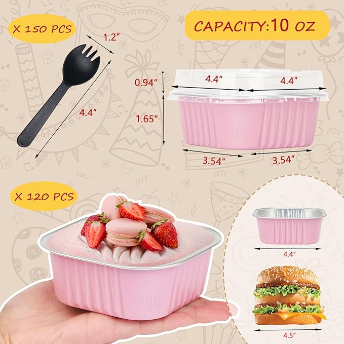 120pack/10oz Mini Cake Foil Pans with Lids,LNYZQUS 4”x4” Large Cupcake Pan Disposable Ramekins,Small Brownie Baking Cups Square Muffin Tin Cheesecake Containers Holders-Pink