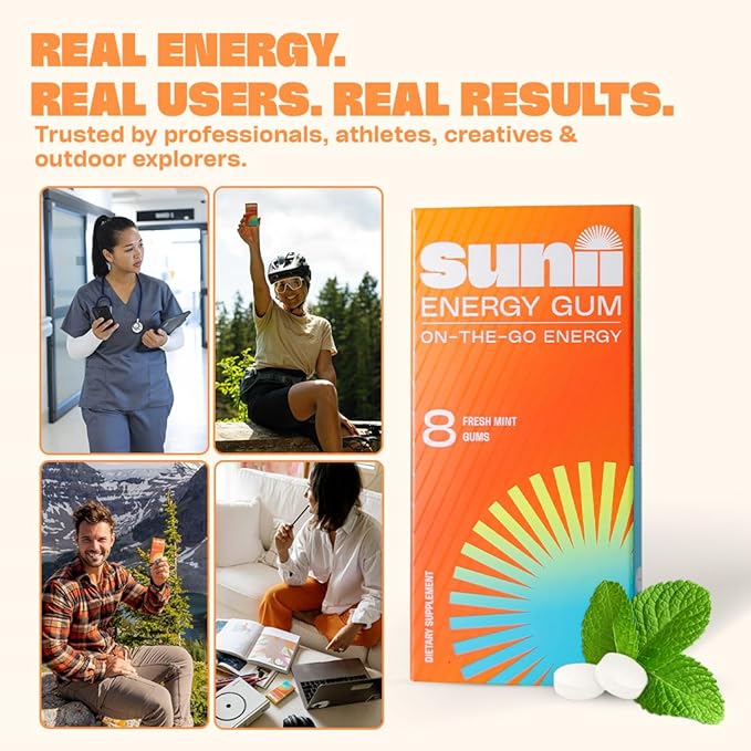 Sunii - Energy Gum - NEW Quick Boost Energy & Focus - 50mg Caffeine Gum -Vitamins B6 & B12, Taurine, Vegan, No Sugar, Zero Calorie, Fresh Mint Taste - Faster than Chews, Drinks, Gels & Pills (96pcs)