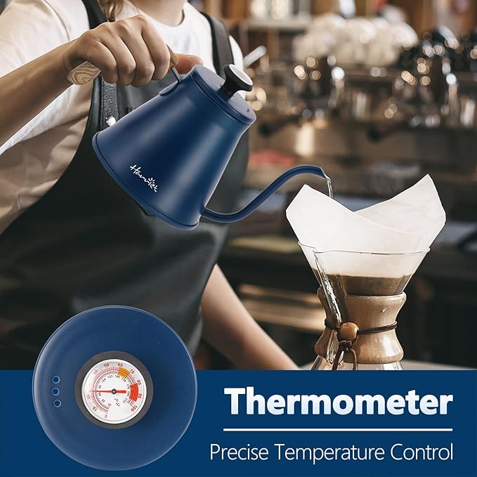 Harriet Gooseneck Kettle with Thermometer for Pour Over Coffee and Tea, 37 fl oz, Stainless Steel, Durable 3-Layer Base, Ideal Spout for Precision Pouring, Compatible with all Stove Tops, Blue