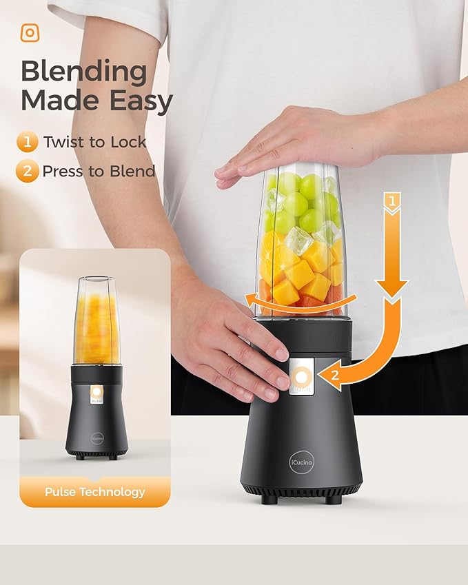 iCucina Smoothie Blender, Personal Blender for Shakes and Smoothies, 500W Pulse Technology Single Serve Blenders with 2 x 28oz Protable Cups for Ice Crush, Frozen Fruit Drinks