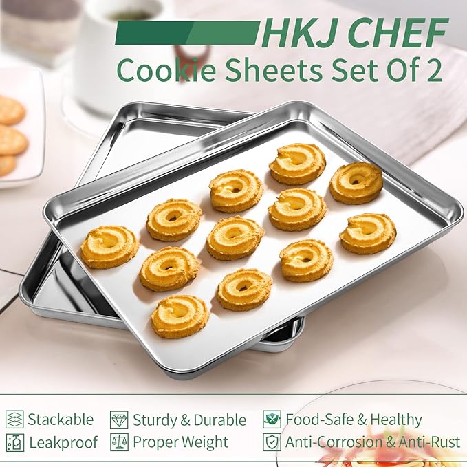 Baking Sheets Set of 2, HKJ Chef Cookie Sheets 2 Pieces & Stainless Steel Baking Pans & Toaster Oven Tray Pans, Rectangle Size 10 x 8 x 1 inch, Non Toxic & Healthy & Easy Clean