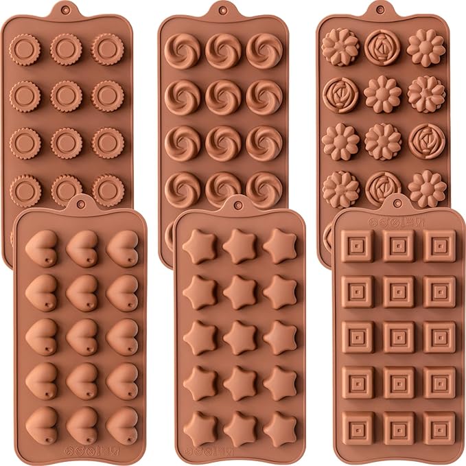 6 Pack Chocolate Molds Candy Molds Silicone, Food-Grade Non-Stick Jello Mold, Crayon Mold, Silicone Baking Mold, BPA Free, including Flower, Heart, Star, Round, Square, Whirlpool
