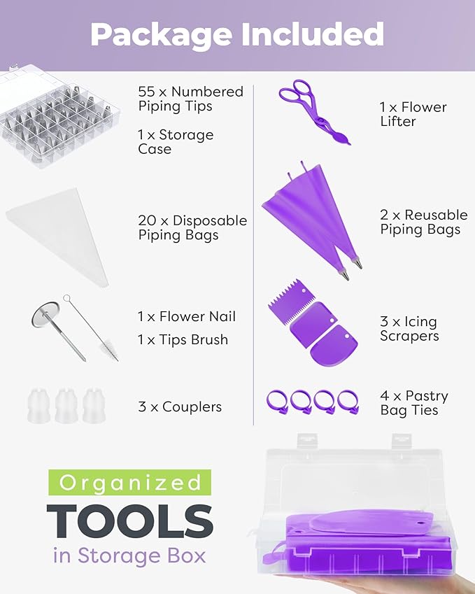 Kootek 90 PCs Piping Bags and Tips Set, Cake Decorating Supplies Kit with 55 Numbered Icing Piping Tips, 20+2 Pastry Bags for Cake Cupcake, Frosting Piping Kit with Booklet and eBook