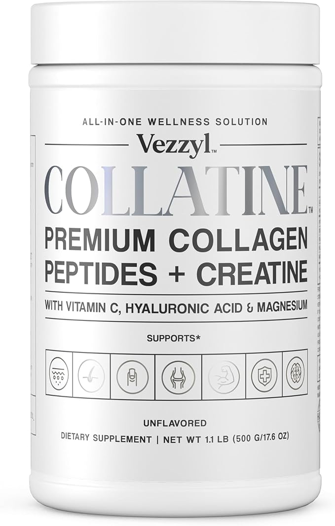 Collatine - Premium Collagen Peptides + Creatine with Vitamin C, Hyaluronic Acid and Magnesium for Skin, Hair, Nails, Bone & Joint, Muscle, Immune and Cognitive Aid (1.1 LB (500 G/17.6 OZ)