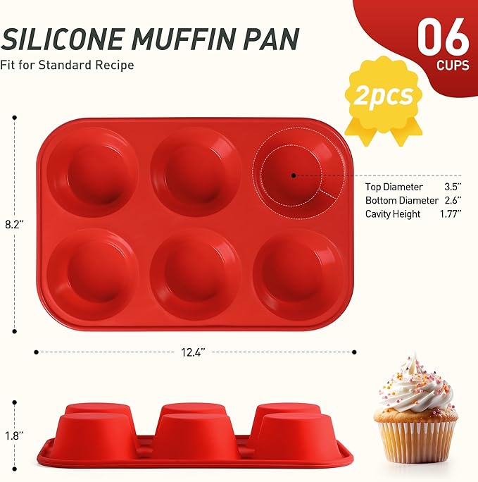 2 Pack 6 Cups Silicone Jumbo Muffin Pan with Metal Reinforced Frame Silicone Molds Cupcake Cake Baking Pans Egg Bites Muffin Tin Tart Pans Bundt Pan Reposteria Accesorios Moldes Para Pasteles