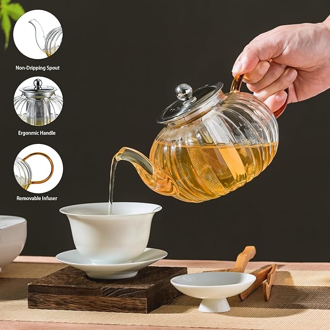 Glass Teapot 33.8oz/1000ml, Glass Tea Kettle with Removable Infuser, Pumpkin Shape Hand Blown Teapot for Blooming Flower Tea and Loose Leaf, Tea Lover's Choice