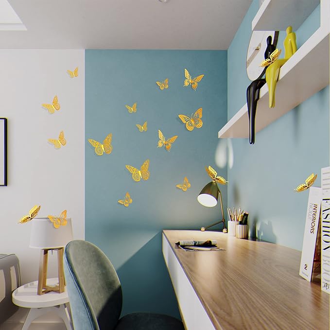 SAOROPEB 3D Butterfly Wall Decor - 48 Pcs, 4 Styles, 3 Sizes, Gold Butterfly Decorations for Birthday & Party Celebrations, Removable Stickers