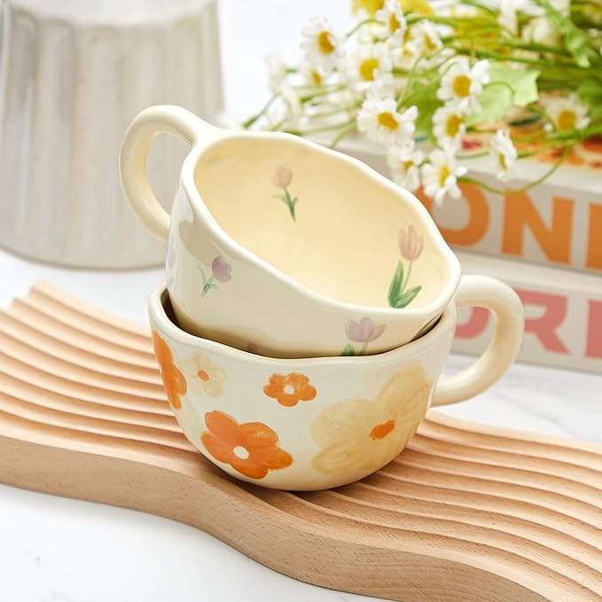 Vesici 2 Pcs Ceramic Coffee Mugs Flower Cups with Spoon Vintage Floral Mugs with Handle 8.5 oz Aesthetic Tea Porcelain Cup Gift for Valentine Office Home, Dishwasher and Microwave Safe(Charming)