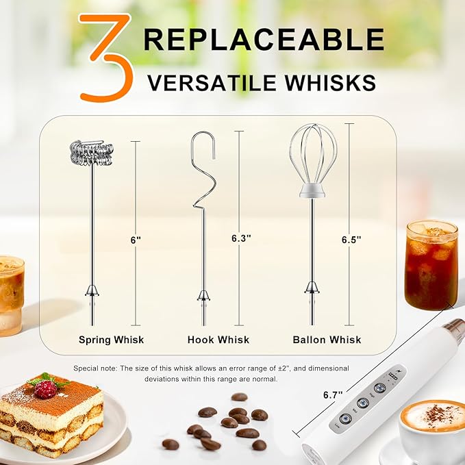 YUSWKO White Handheld Milk Frother Wand for Coffee, Rechargeable Electric Whisk with 3 Heads 3 Speeds Drink Mixer Coffee Frother For Latte, Cappuccino, Hot Chocolate, Egg