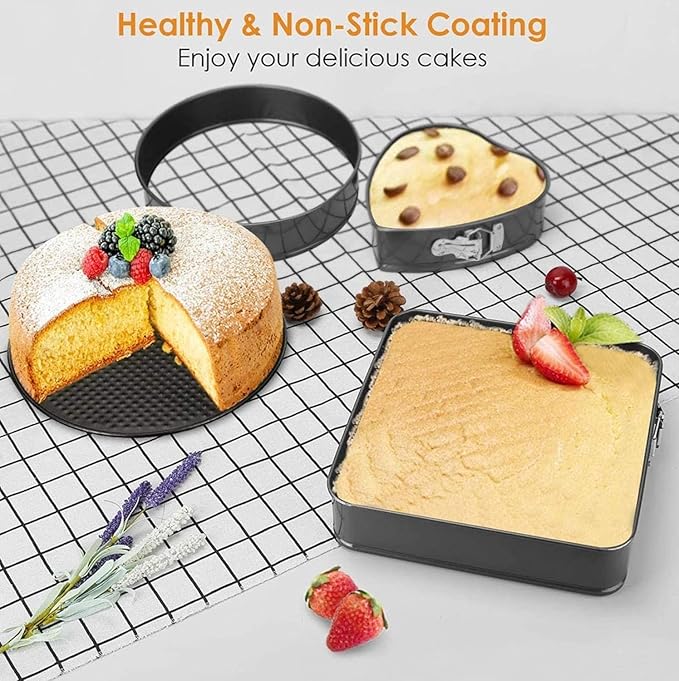 Springform Cake Pan Set of 3 (7, 8, 9 Inch) Heart Round Square Leakproof Nonstick Cheesecake Pans with Removable Bottom Carbon Steel Bakeware