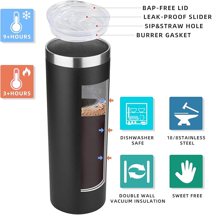 HASLE OUTFITTERS 20 oz Skinny Tumblers Bulk Set, Stainless Steel Insulated Slim Tumblers with Lids, Reusable Double Wall Travel Coffee Mugs, Durable Powder Coated Travel Water Cups(Black, 8)