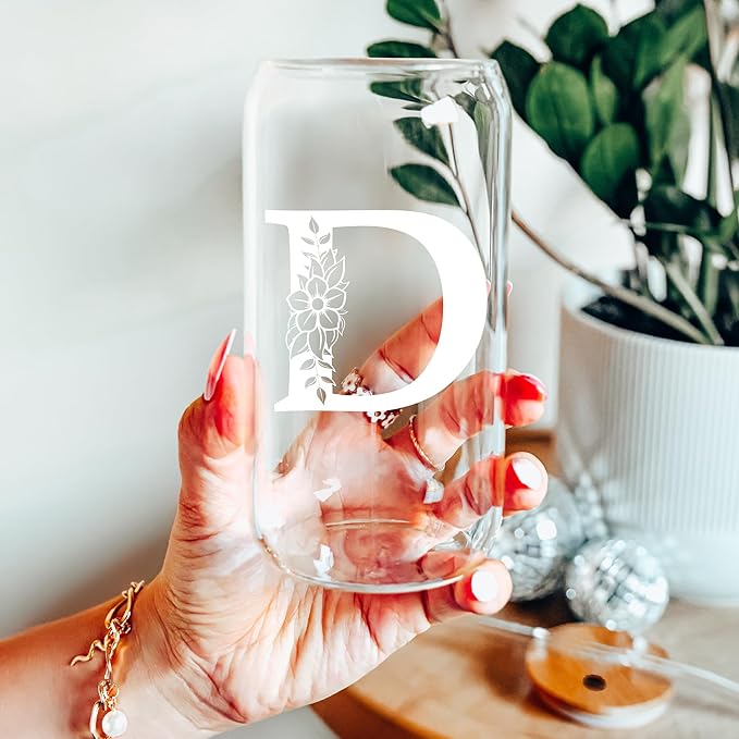 Personalized Gifts for Women, Monogrammed Glass Cups with Lids and Straws, Custom Tumbler, Cute Customized Mug, Aesthetic Stuff, Initial Iced Coffee Cup, Drinking Glasses, Birthday Teacher Gifts, E