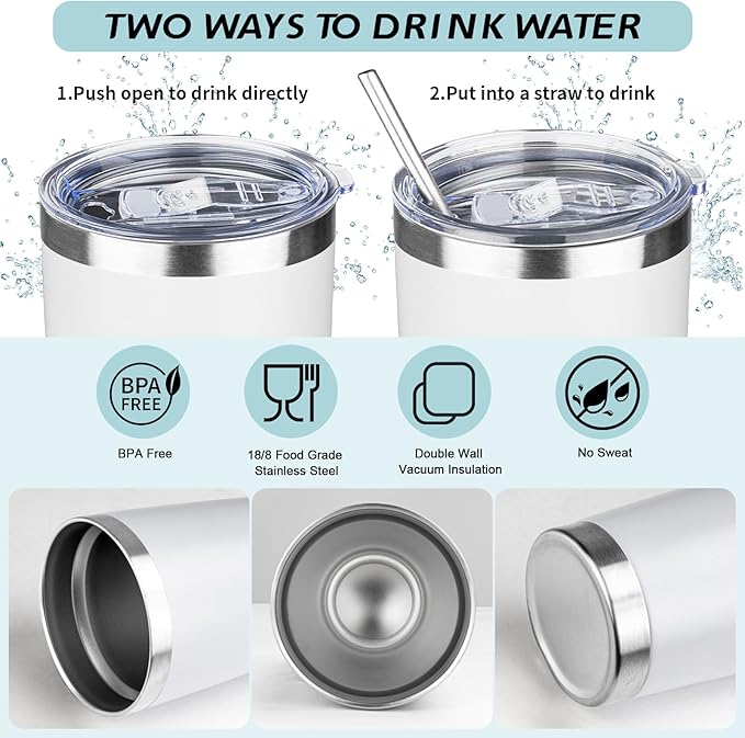 20oz Tumbler with Straw and Brush, Stainless Steel Vacuum Insulated tumbler, Double Wall Insulated Coffee Tumbler for Outdoor, Home, Travel,Office (White,1pcs)