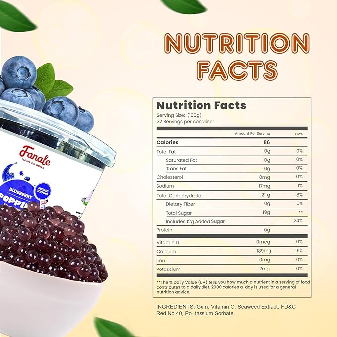 Fanale Blueberry Popping Boba Pearls, Vegan, Non GMO, Gluten Free, Fat Free, Perfect for Bubble Tea, Smoothies, Ice Cream, Desserts, and Beverages.