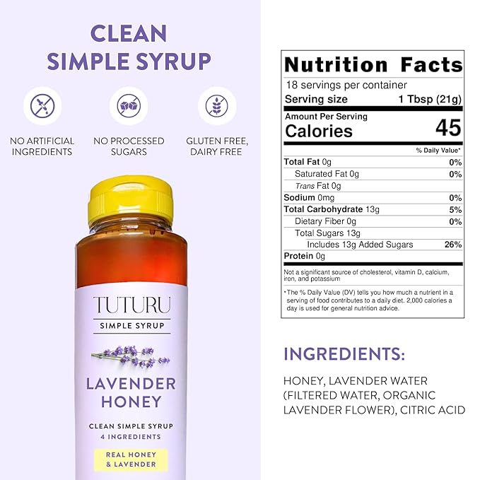 Lavender Honey Simple Syrup for Coffee, Cocktails, Tea, Matcha - Clean Simple Syrup with Real Lavender & Honey - 13.5 oz
