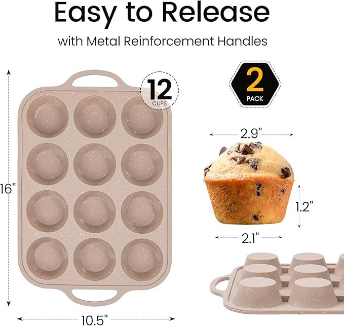 Vinino 2Pack Silicone Muffin Pans for Baking with Metal Reinforced Frame, 12 Cups Regular Size Nonstick Silicone Cupcake Pan, BPA Free Oven Dishwasher Safe Baking Mold for Muffins Cupcakes
