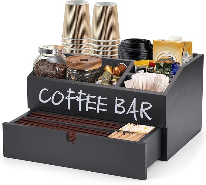 Coffee Station Organizer, Wood Coffee Bar Accessory with Drawer, K Cup Condiment Organizer & Pod Holder (30x20x16cm) - Black