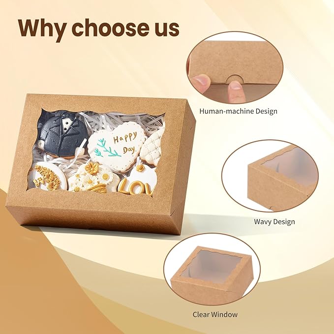 20PCS Brown Cookie Boxes with Window, 8x6x2.5 Inch Gift-Ready Pastry Box for Chocolate Strawberries, Macarons, Truffles, Perfect for Thanksgiving Day,Father's Day, Christmas Party Favors