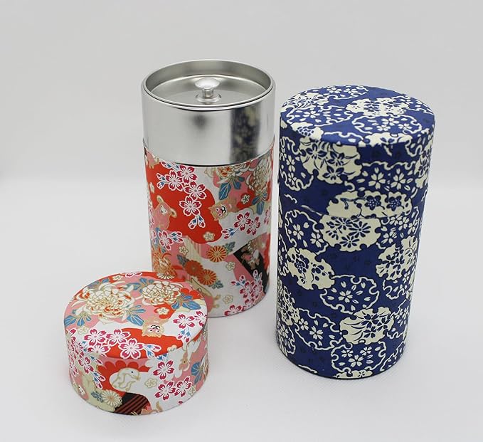 Japanese Pokkan Coffee Spice Tea Tin Canister Washi Paper Storage with Lid 7.05 oz Capacity (Eto)