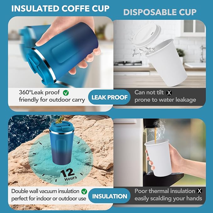 Volhoply 12 oz Double Wall Insulated Vacuum Travel Coffee Mug with Flip Lid,Reusable Stainless Steel Leak Proof Coffee Cup,Portable Cafe Thermal Tumbler Suitable for Hot&Cold Drinks(Dark Night,1 Set)