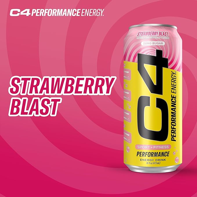 Cellucor C4 Performance Energy Drink | Strawberry Blast | Zero Sugar Carbonated Preworkout Energy | 200mg Caffeine with Beta Alanine | 16 Fl Oz (12 Pack)