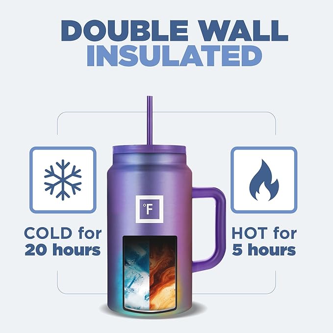 IRON °FLASK Co-Pilot Insulated Mug w/Straw & Flip Cap Lids - Cup Holder Bottle for Hot, Cold Drink - Leak-Proof - Water, Coffee Portable Travel Mug - Aurora, 50 Oz