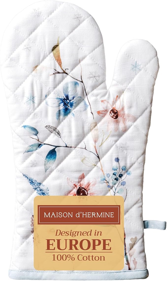 Maison d' Hermine Oven Gloves 100% Cotton Oven Mitt 7" x 13" with Loop Heat Resistant, BBQ, Cooking Gloves, Baking, Grilling, Kitchen, Handling Hot Pans (Pack of 1, Ice Florals)