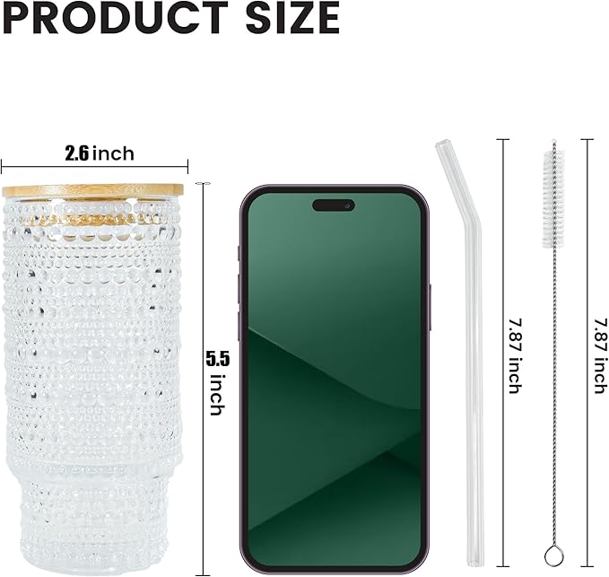 8 Pcs 16 oz Hobnail Glasses Cups Set with Bamboo Lids Straws Brush Hobonail Ribbed Glassware Set for Juice Iced Coffee Beer Cocktail Whiskey