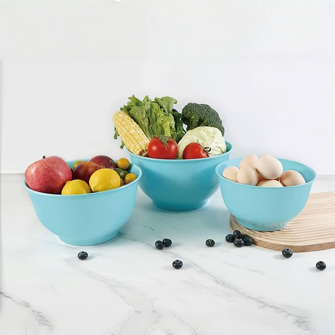 TP Large Mixing Bowl Set with Lids, Melamine Nesting Bowls Set for Pasta Baking Salad Mixing, Set of 3, Glossy Turquoise