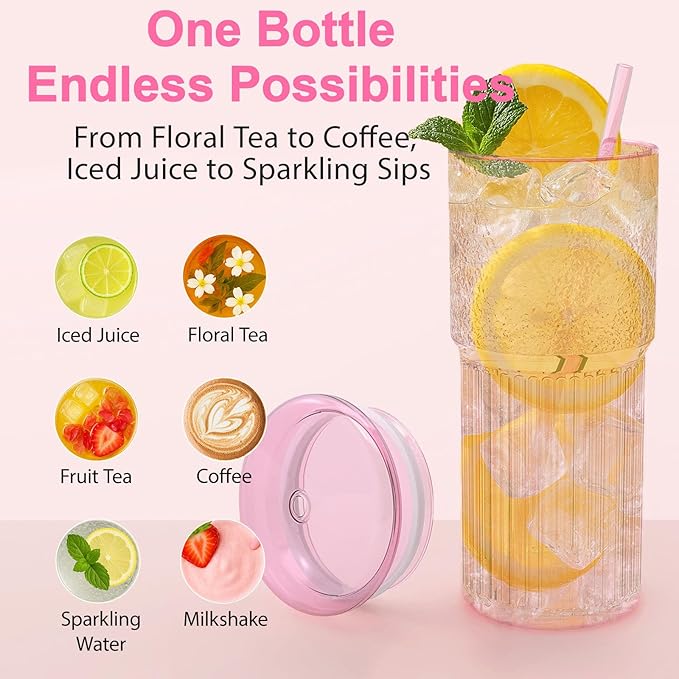 20oz Glass Cups with Lids and Straws - Set of 4 Reusable Tumblers, Thickened Shatter-Resistant Glass, Ideal for Iced Coffee, Smoothies, Cocktails, Juices - Elegant & Durable Drinkware (Pink)