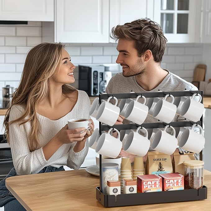 Coffee Mug Holder with 16 Movable Hooks, Metal Coffee Cup Holder for Countertop, 2 Tier Mug Rack with Storage Shelf for Kitchen Office Coffee Mug Rack