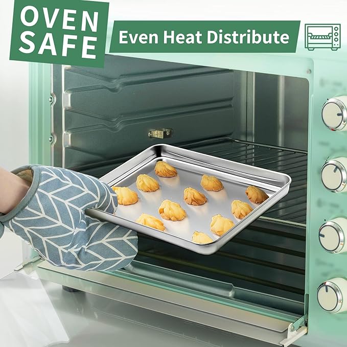Baking Sheets Set of 2, HKJ Chef Cookie Sheets 2 Pieces & Stainless Steel Baking Pans & Toaster Oven Tray Pans, Rectangle Size 10 x 8 x 1 inch, Non Toxic & Healthy & Easy Clean