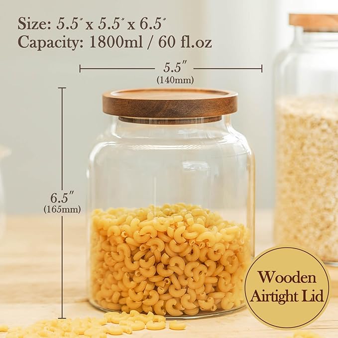 Labina Glass Storage Container Airtight Food Jars Kitchen Canister with Wood Lids, 60 Oz Wide Mouth Pantry Organization Glass Jar for Flour, Sugar, Cookie, Spagetti, Nuts and Candy (2 Pack)