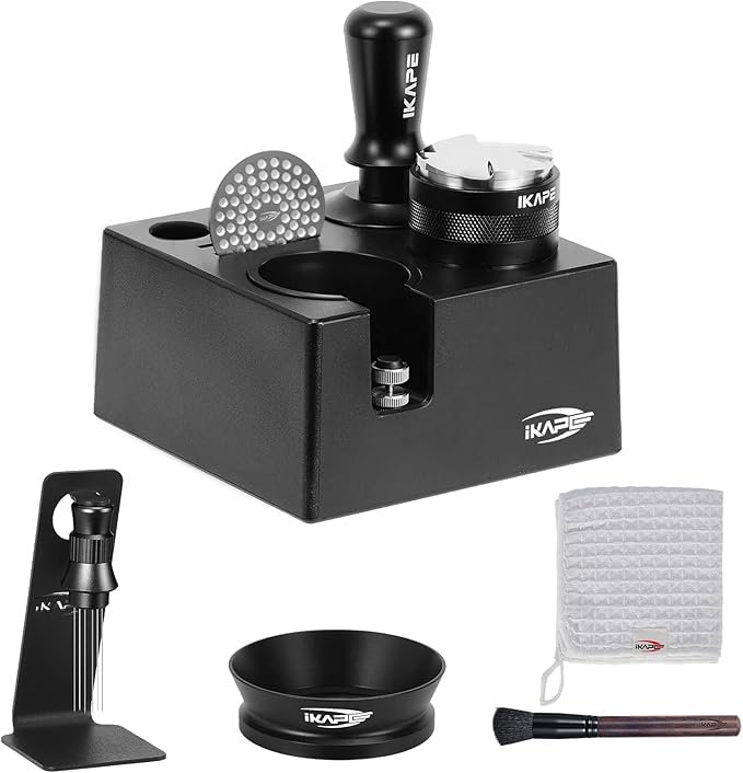 IKAPE 53MM Black Espresso Tool Set 8 IN 1, Coffee Tamper, Distributor, Magnetic Funnel, Puck Screen, Tamper Station, Stirrer Distribution Tool, Cleaning Towel and Brush