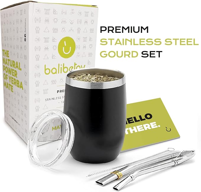 BALIBETOV 5 pcs large Yerba Mate Cup and Bombilla Kit, Includes one 8 oz Yerba Mate Gourd with Lid, Two Bombillas Mate Straw and one cleaning brush (Black, 8.00)
