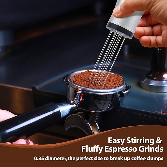 WDT tool, Espresso Distribution tools, 10 x 0.35mm 304 Stainless Steel Needles Installed with 10 Extra needles for Espresso Stirrer Replacement, Aluminum Alloy Handle with Stand (Matte Silver)