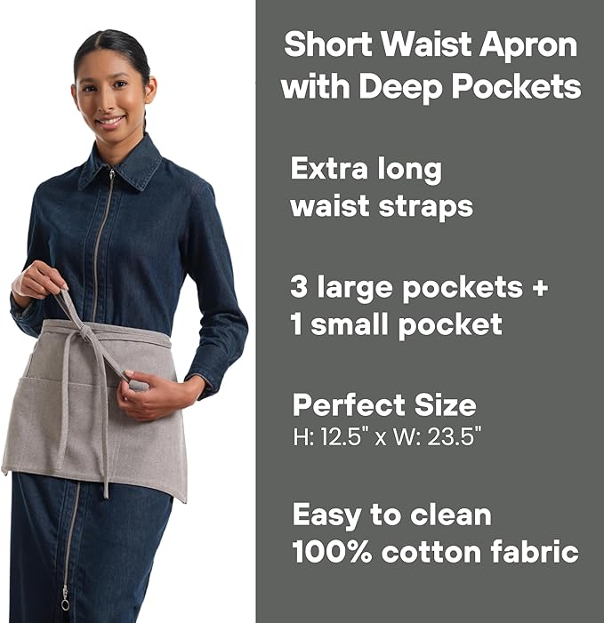 MEEMA Waist Apron with 3 Pockets | Waitress Apron | Waitress Apron with Pockets | Half Aprons With Pockets | Server Aprons Women