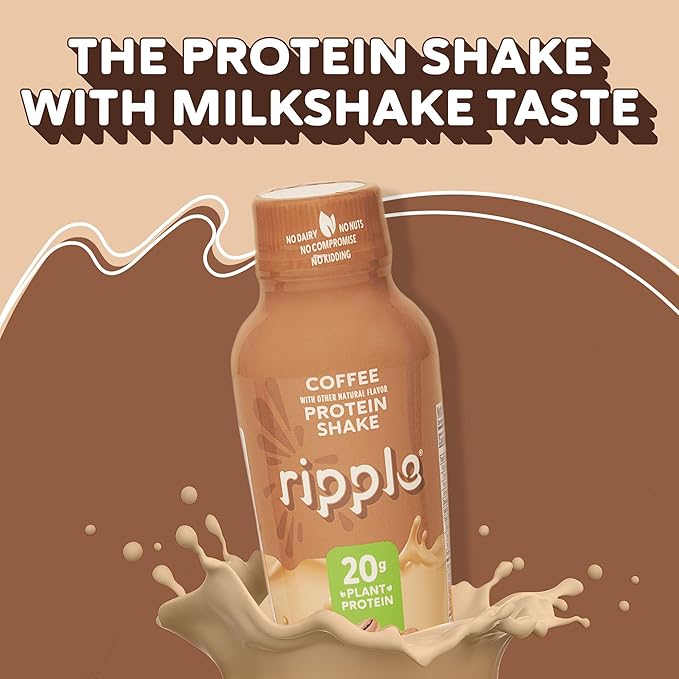 Ripple Coffee Plant Based Protein Shake | 20g of Quality Sourced Pea Protein, 100mg Caffeine, Calcium | Shelf Stable | Vegan & Non GMO | Dairy, Soy, Nut, & Gluten Free | 12 Fl Oz Bottles (Pack of 12)