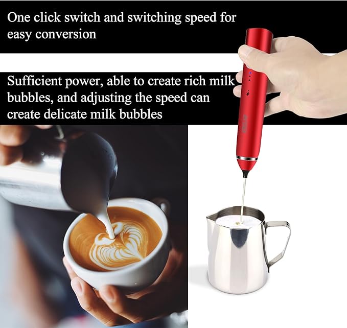 Delm Milk Frother Electric USB Stainless Steel Accessory - Frother Wand Foam Maker for Lattes - Milk Frother Handheld for Cappuccino, Frappe, Matcha, Hot Chocolate - Frother for Coffee (red)