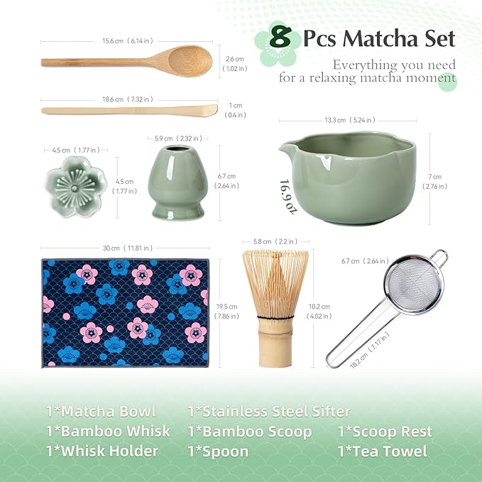 Matcha Set, 8Pcs Floral Ceramic Matcha Set with Matcha Whisk, Holder, Scoop, Scoop Rest, Sifter, Spoon and Tea Towel - Thoughtful Matcha Whisk Set Gift for Matcha Lovers (Green)