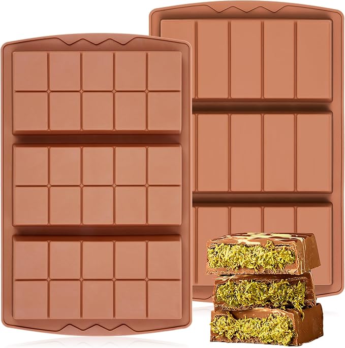 2 Pcs Chocolate Bar Mold Deep Dubai 0.85 Inch Stuffed Chocolate Molds Silicone Large Break Apart Silicone Molds (10 Snap + 5 Snap）