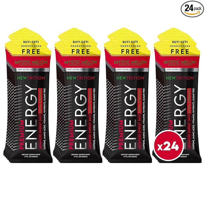 NewTrition® Extra Strength Energy Shots, 1.7 fl oz (Pack of 24, Mystic Melon flavor) - 250mg Caffeine with Vitamin B & Amino Acids, Sugar-Free, Zero Calorie Vitamin Energy Drink for Focus & Endurance