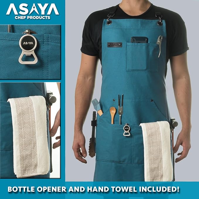 Asaya Chef and BBQ Apron with Bottle Opener and Hand Towel - 10oz Cotton Canvas, Stainless Steel Hardware - Cross Back Straps