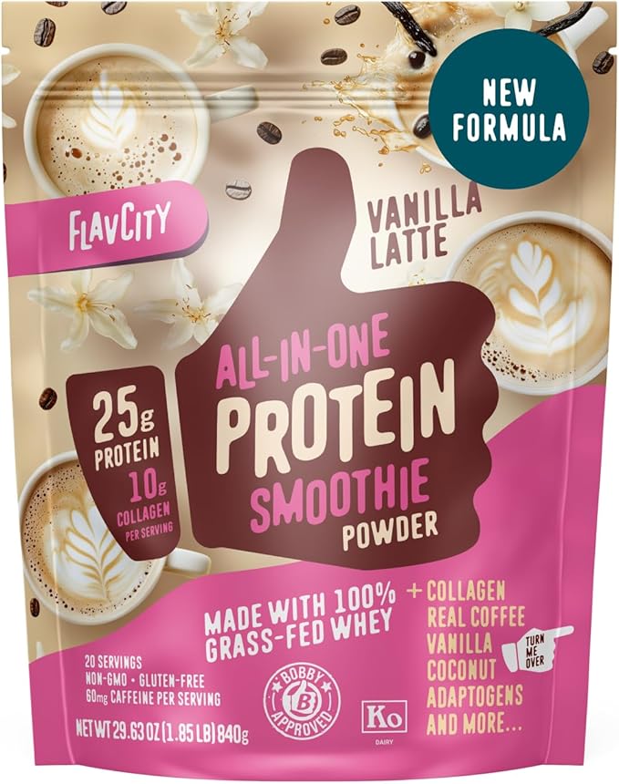 FlavCity Grass Fed Whey Protein Powder - Vanilla Latte - 25g Protein, 10g Collagen & 60mg of Caffeine - Made with Real Vanilla Bean & Organic Coconut - Gluten Free & No Added Sugars (20 Servings)