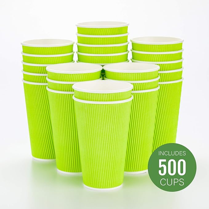 Restaurantware 12 Ounce Double Wall Disposable Coffee Cups, 500 Insulated Green Paper Tumblers with Rolled Rim Design, Lids Sold Separately for Hot Drinks like Tea, Hot Chocolate and More
